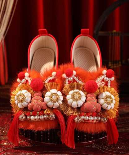 Red Embroidery Nail Bead Handmade Splicing Flat Feet Shoes