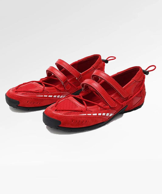 Red Faux Leather Buckle Strap Splicing Sport Flats