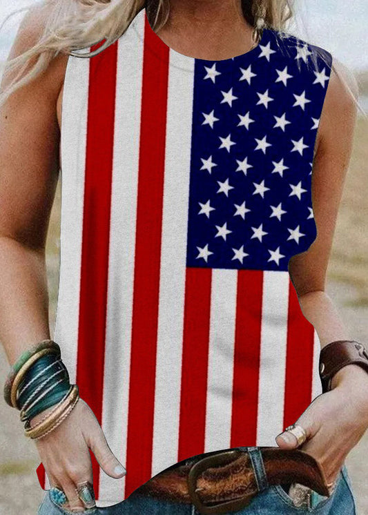 Red Flag Print Cotton Tank Top O-neck Sleeveless