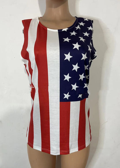 Red Flag Print Cotton Tank Top O-neck Sleeveless