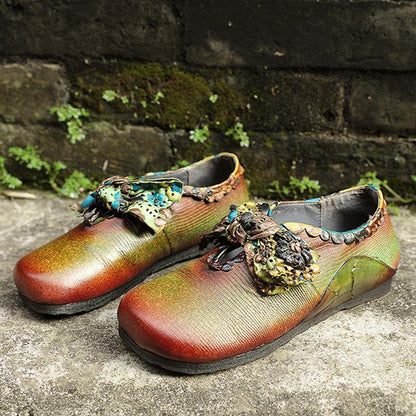 Red Flat Shoes Cowhide Leather Splicing Flat Shoes
