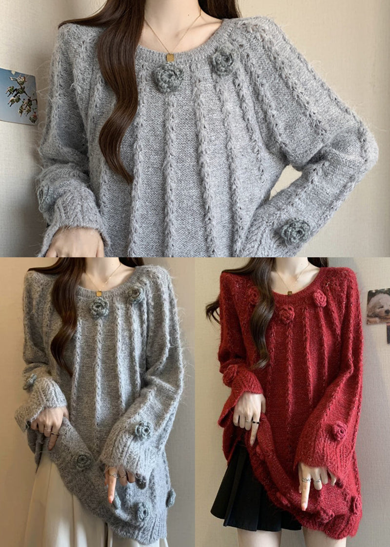 Red Decorated Knit Sweaters Oversized Fall
