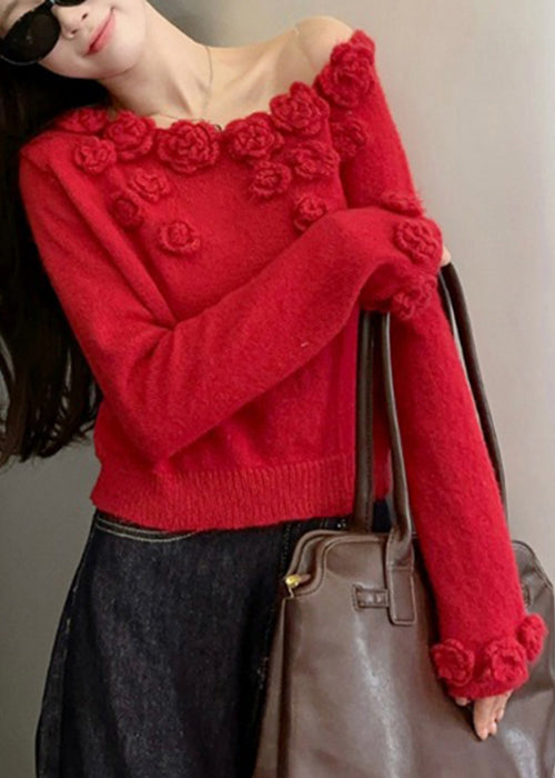 Red Patchwork Knit Sweater Asymmetrical Spring