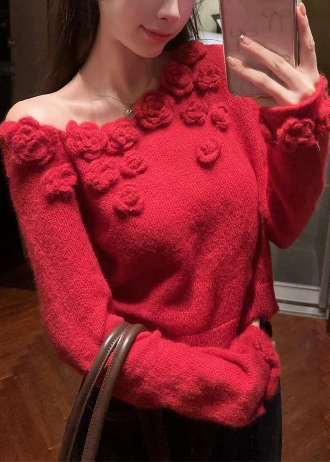 Red Patchwork Knit Sweater Asymmetrical Spring