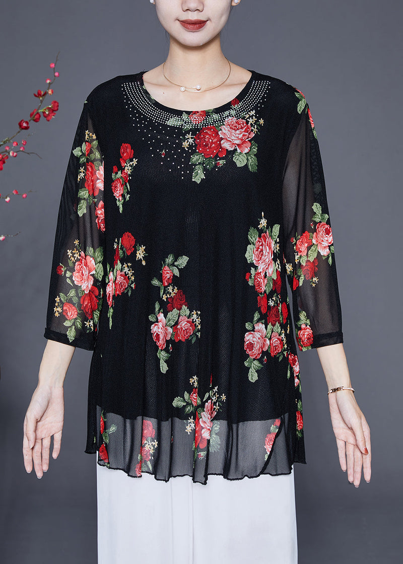 Red Print Chiffon Blouse Tops O-neck Zircon Summer