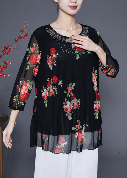 Red Print Chiffon Blouse Tops O-neck Zircon Summer