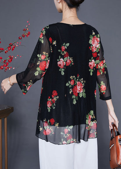 Red Print Chiffon Blouse Tops O-neck Zircon Summer