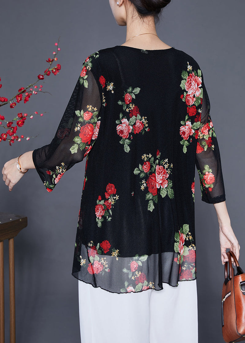 Red Print Chiffon Blouse Tops O-neck Zircon Summer