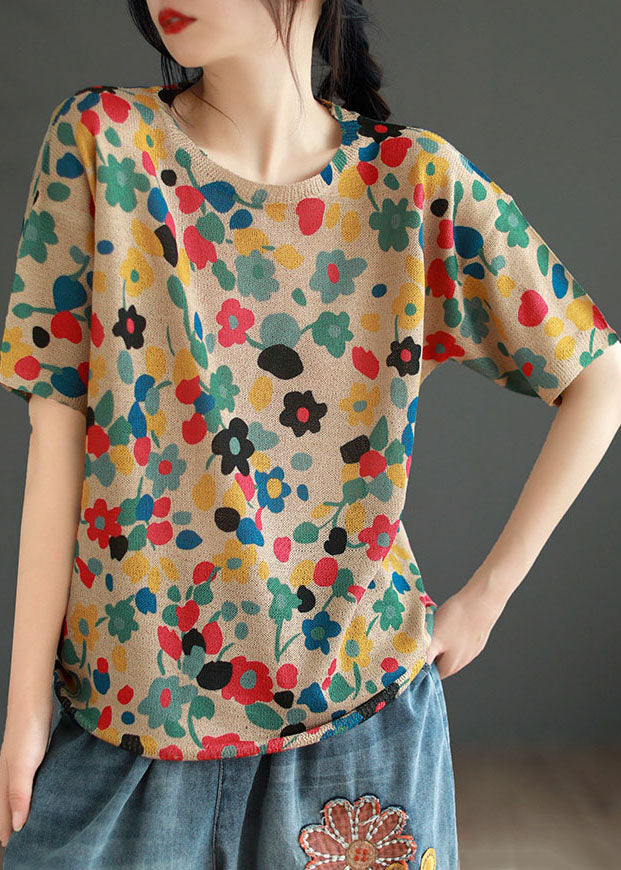 Red Print Patchwork Cotton T Shirt Top O Neck Summer