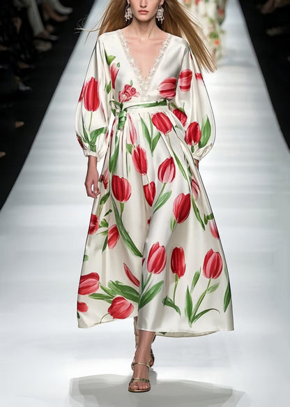 Red Print Silk Ankle Dress V Neck Bracelet Sleeve