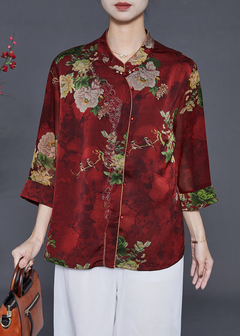 Red Print Silk Shirts Mandarin Collar Summer