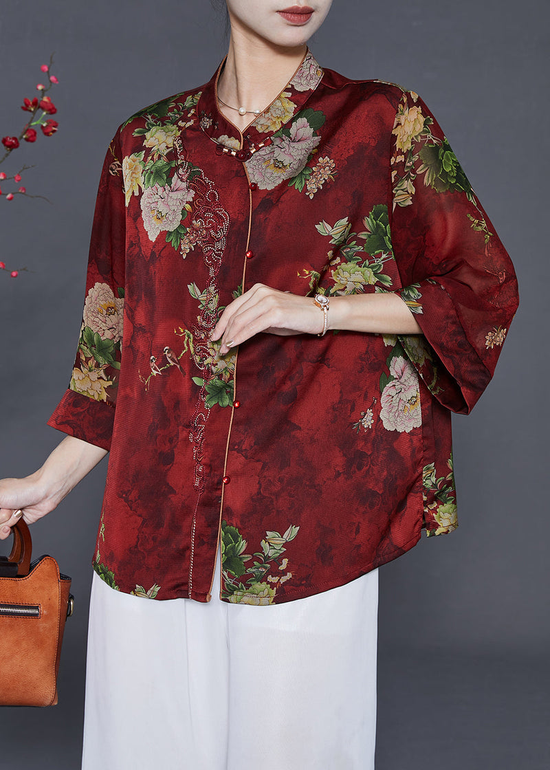 Red Print Silk Shirts Mandarin Collar Summer