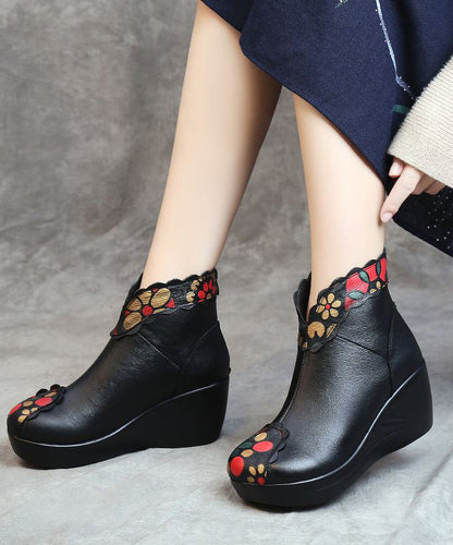 Red Splicing Cowhide Leather Ankle Boots Wedge