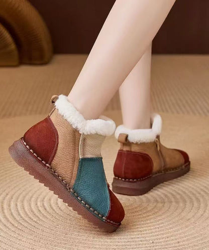 Red Fuzzy Wool Lined Cowhide Leather Comfortable Splicing Boots