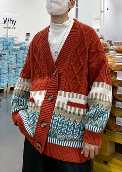 Red Geometric Cozy Knitted Cotton Winter Coats V Neck