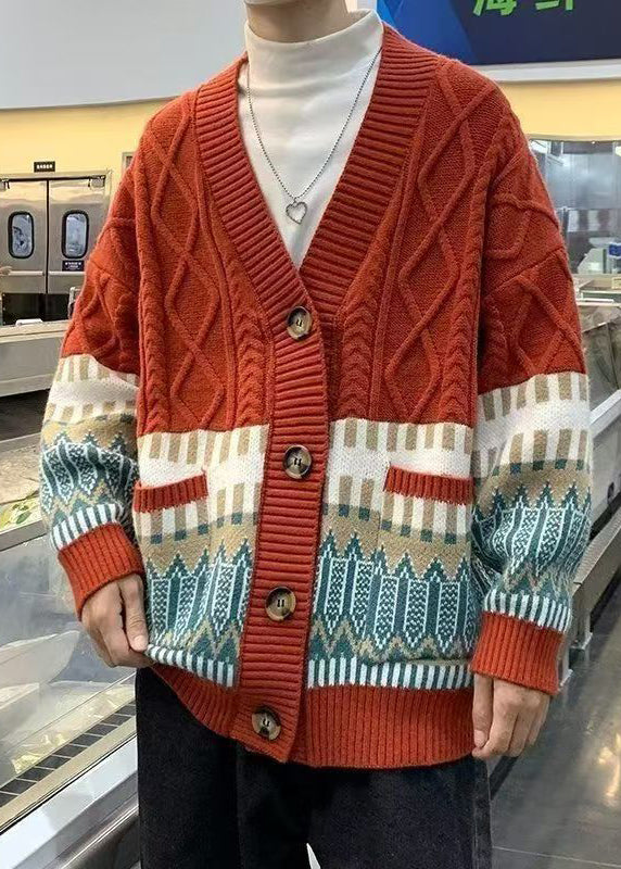 Red Geometric Cozy Knitted Cotton Winter Coats V Neck