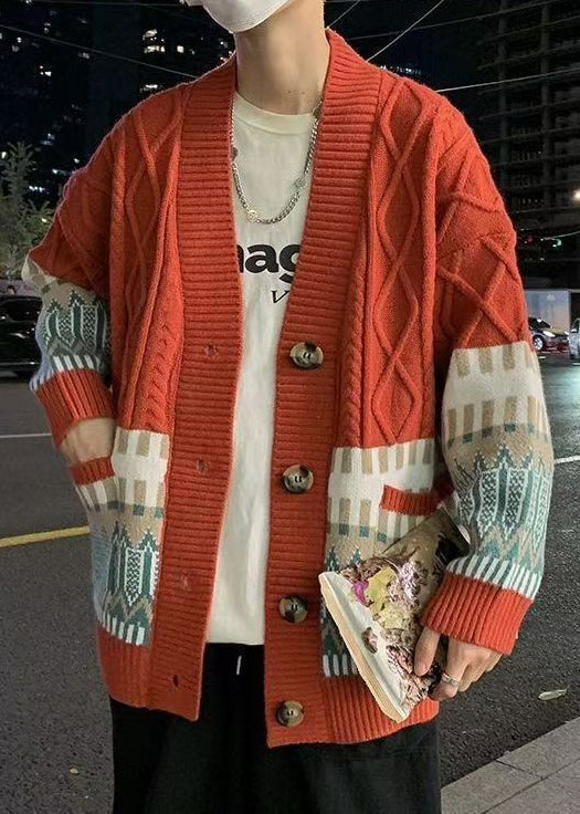 Red Geometric Cozy Knitted Cotton Winter Coats V Neck