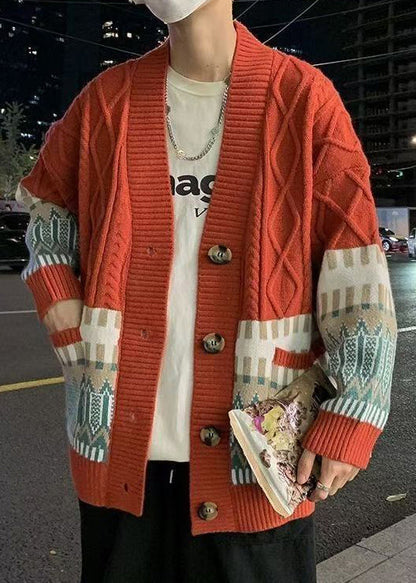 Red Geometric Cozy Knitted Cotton Winter Coats V Neck