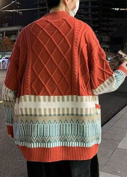 Red Geometric Cozy Knitted Cotton Winter Coats V Neck