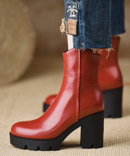 Red Handmade Chunky Cowhide Leather Splicing Boots