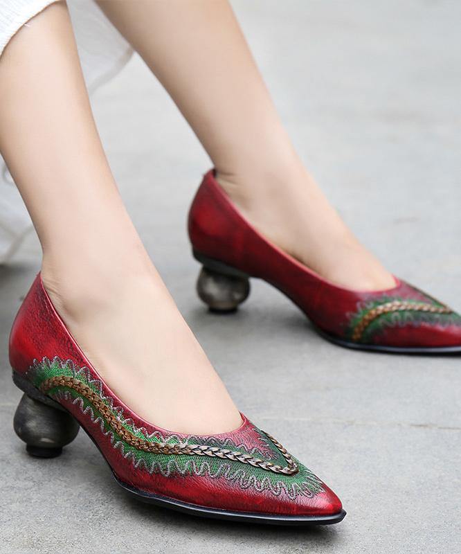 Red High Heels Chunky Genuine Leather Pointed Toe High Heels