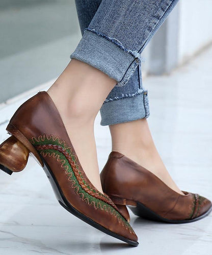 Red High Heels Chunky Genuine Leather Pointed Toe High Heels