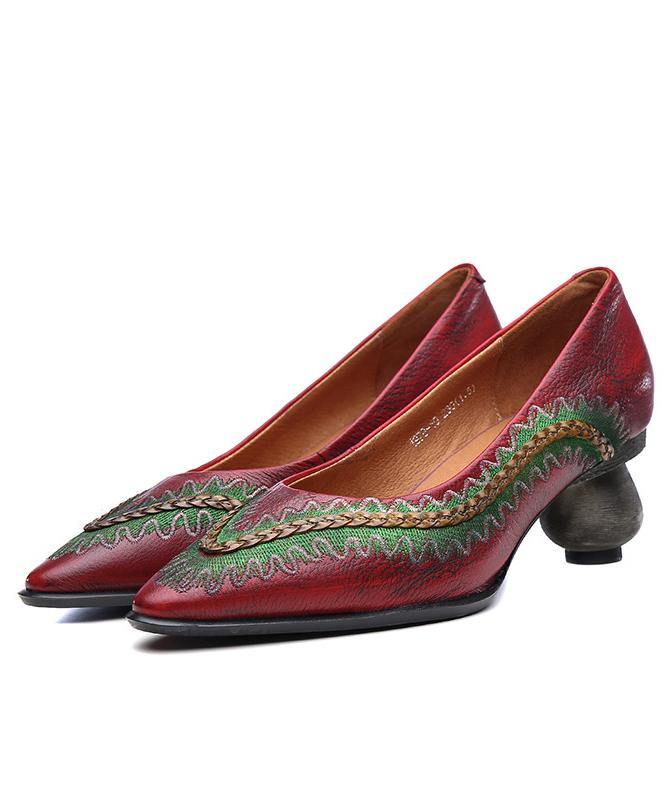 Red High Heels Chunky Genuine Leather Pointed Toe High Heels