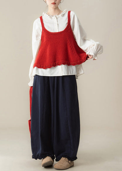 Red Hollow Out Knit Vest White Shirts and Navy Ruffled Pants Cotton Three Pieces Set