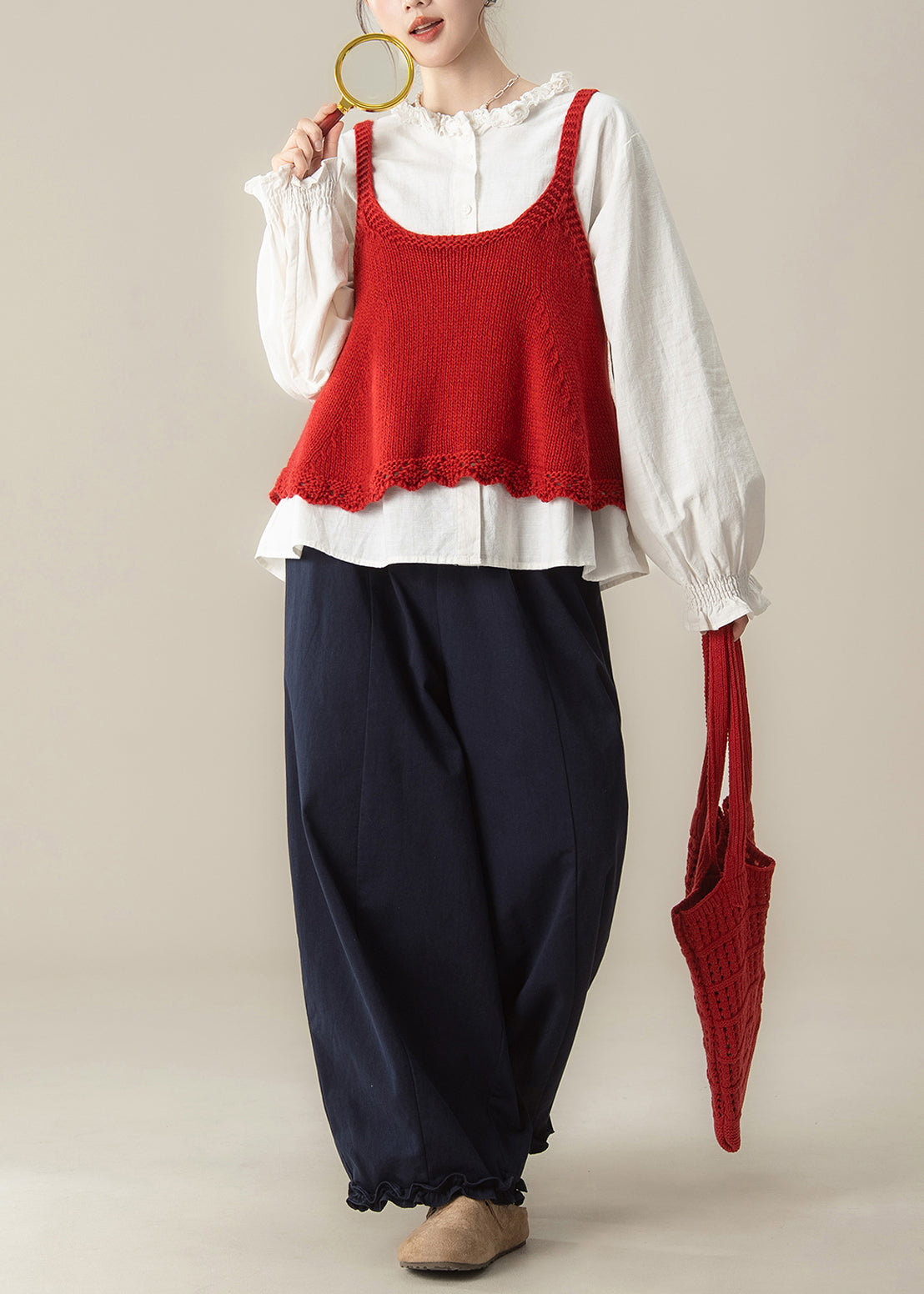Red Hollow Out Knit Vest White Shirts and Navy Ruffled Pants Cotton Three Pieces Set