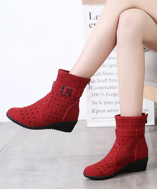 Red Hollow Out Splicing Wedge Boots