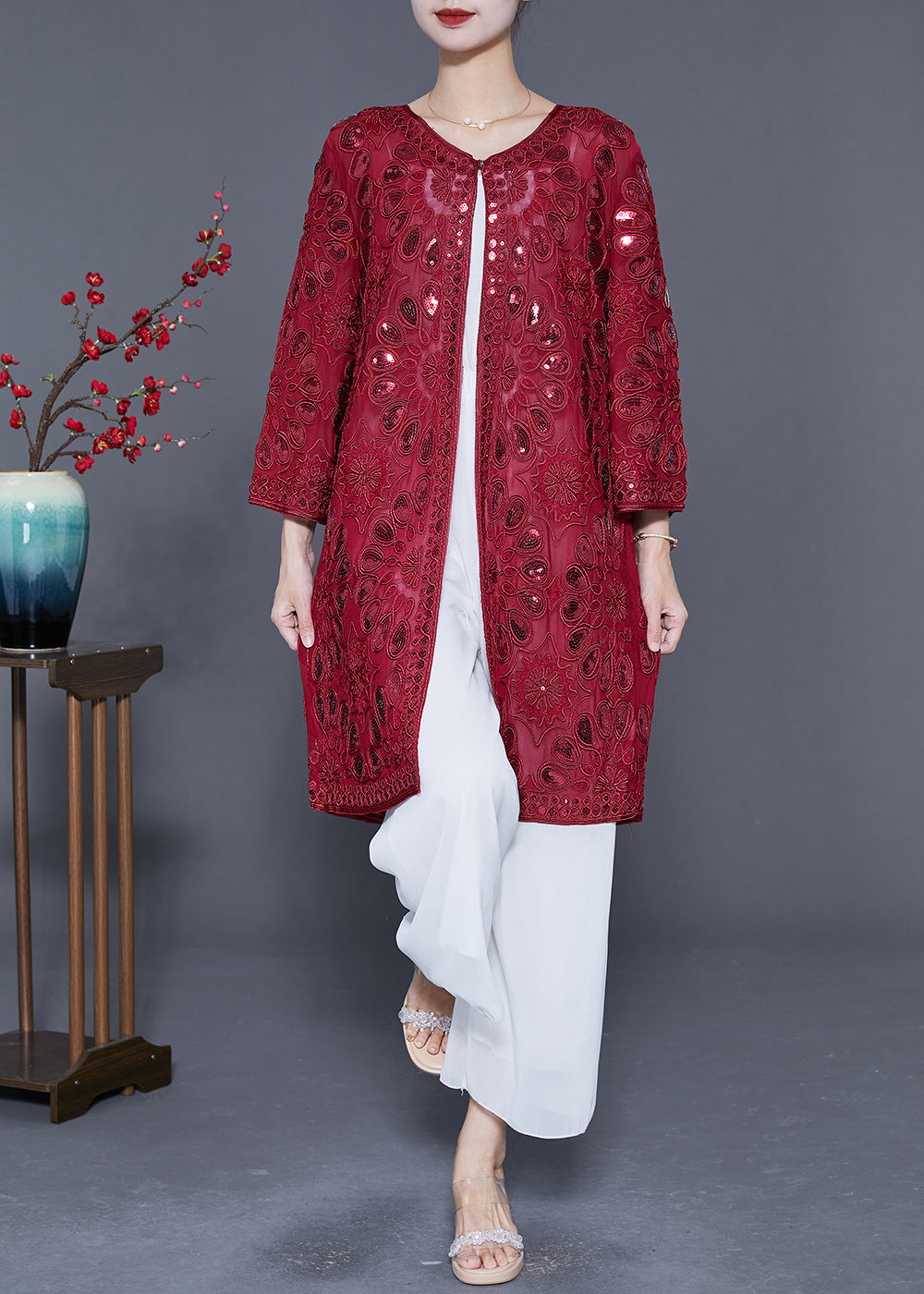 Red Hollow Out Tulle Upf 50+ Cardigans Embroideried Summer
