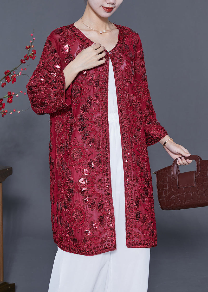 Red Hollow Out Tulle Upf 50+ Cardigans Embroideried Summer