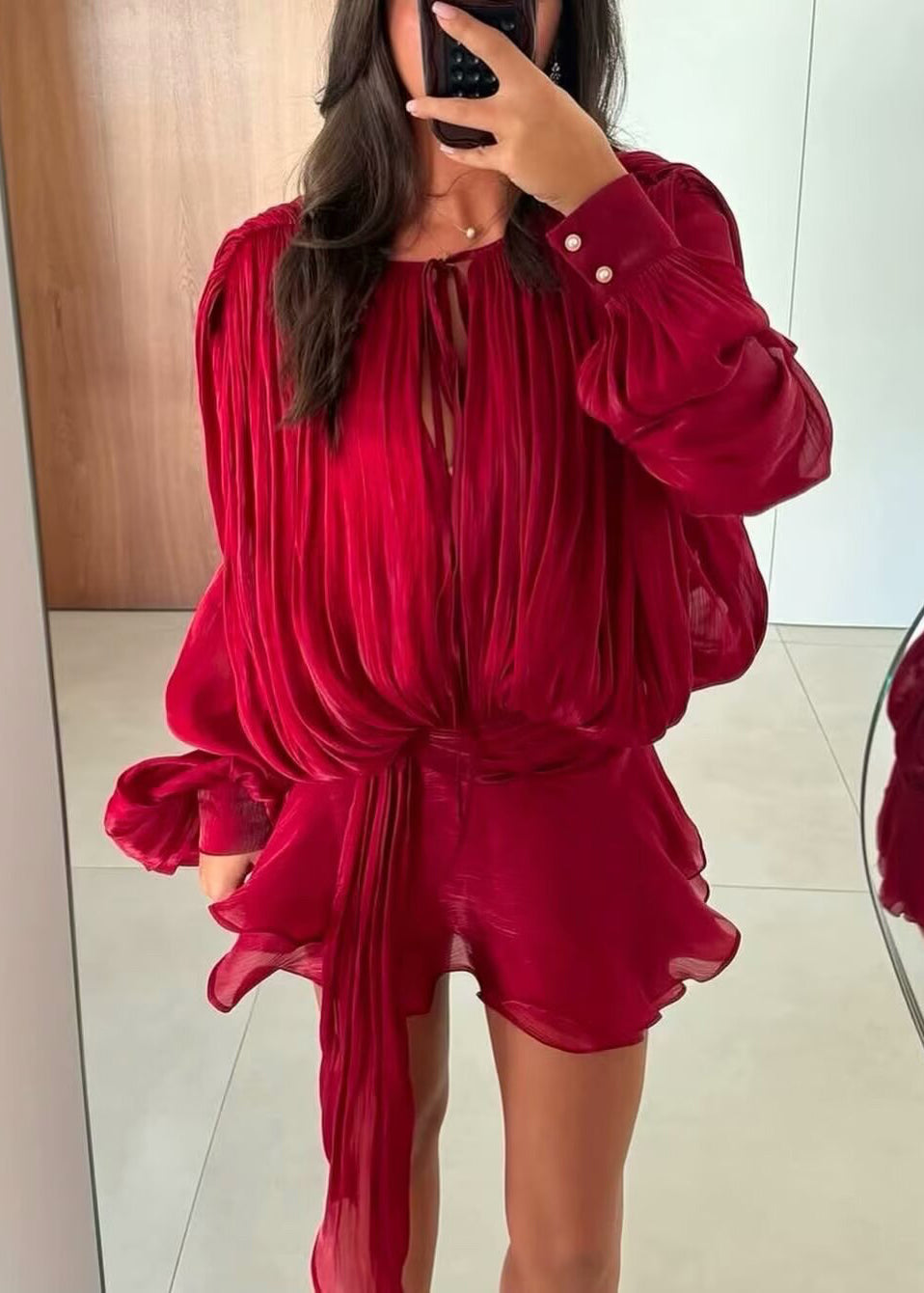 Red Lace Up Dress and Shorts Silk Two Pieces Set Wrinkled