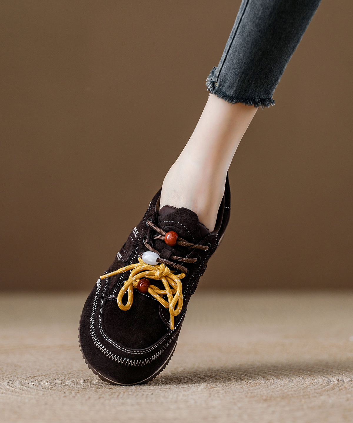 Red Lace Up Platform Suede Splicing Flats