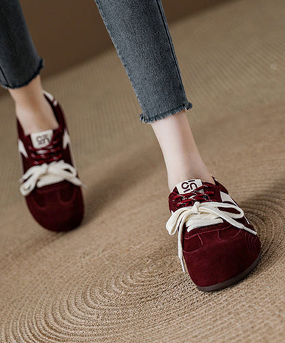 Red Lace Up Platform Suede Splicing Flat Shoes