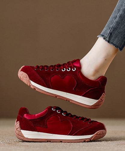 Red Lace Up Platform Suede Splicing Flats