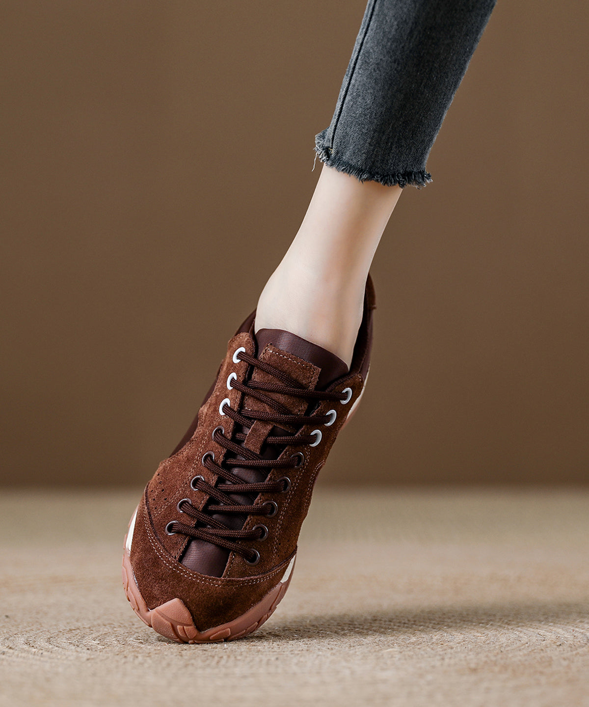 Red Lace Up Platform Suede Splicing Flats