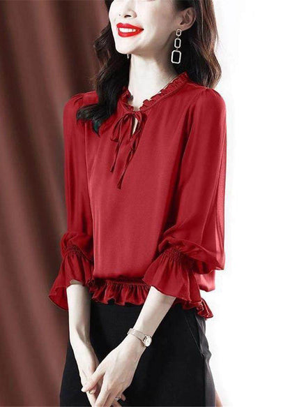 Red Lace Up Solid Chiffon Shirt Ruffled Flare Sleeve