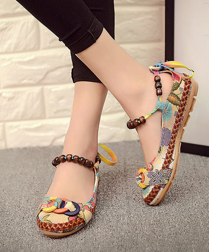 Red Linen Fabric Flat Shoes for Embroideried Handmade Bead String Knit Fabric Flat Shoes