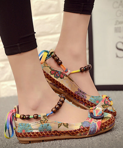 Red Linen Fabric Flat Shoes for Embroideried Handmade Bead String Knit Fabric Flat Shoes