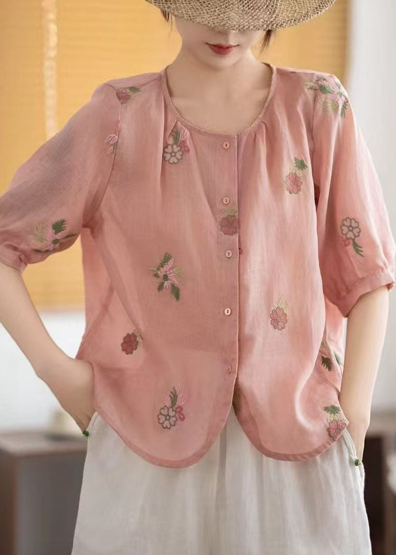 Red Linen Shirts O-neck Embroidered Summer