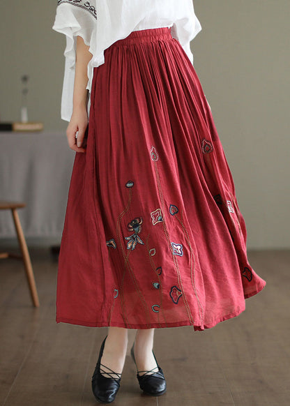 Red Linen Silk a Line Skirts Embroideried Exra Large Hem Spring