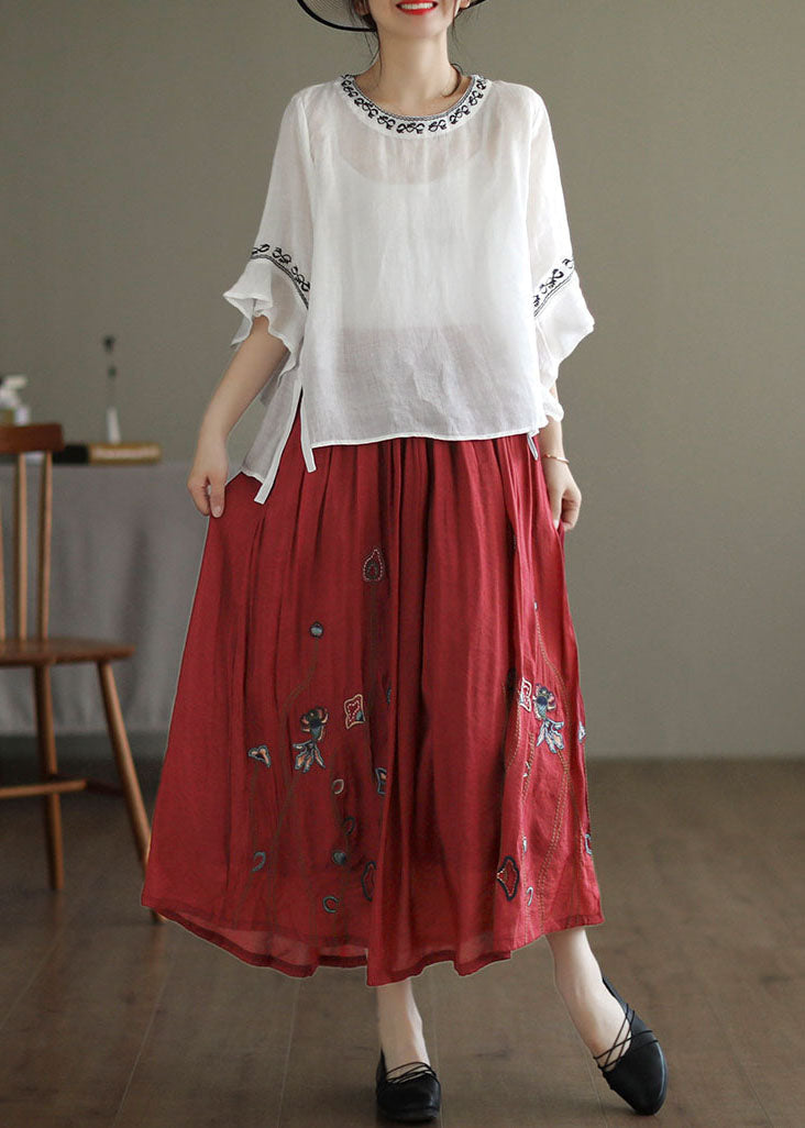 Red Linen Silk a Line Skirts Embroideried Exra Large Hem Spring