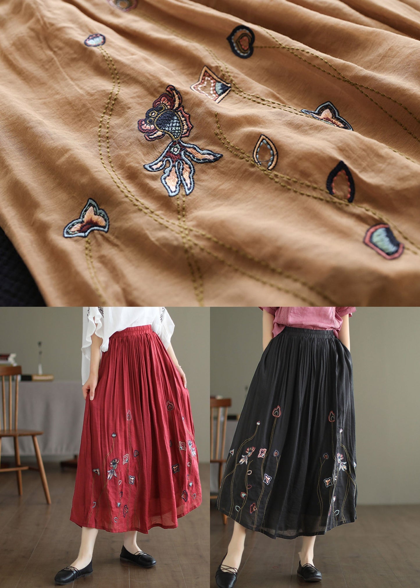 Red Linen Silk a Line Skirts Embroideried Exra Large Hem Spring