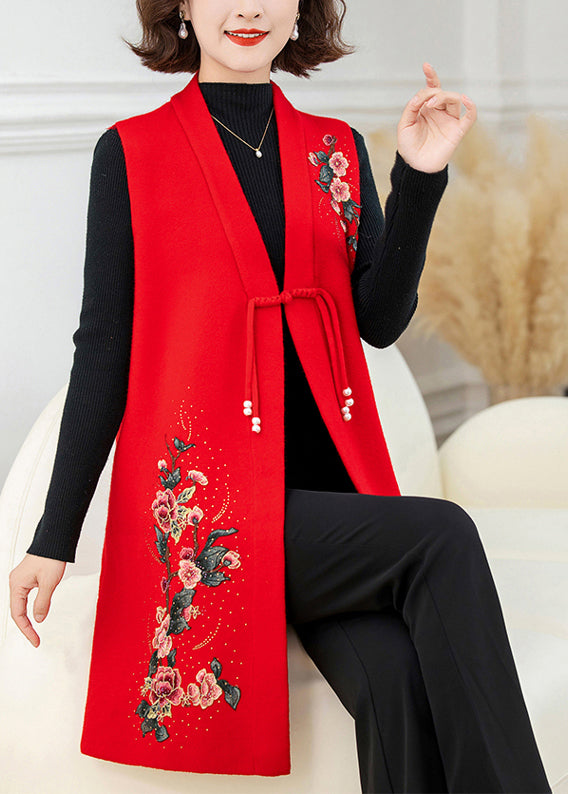 Red Long Wool Knit Waistcoat Embroidered Sleeveless
