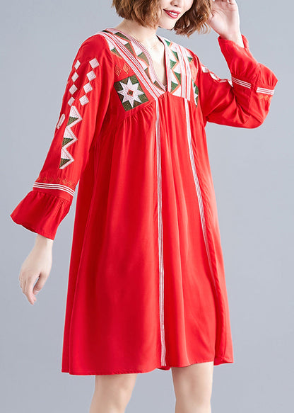 Red Loose Beach Dresses Wrinkled Flare Sleeve