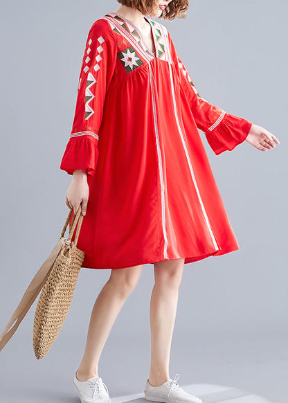 Red Loose Beach Dresses Wrinkled Flare Sleeve