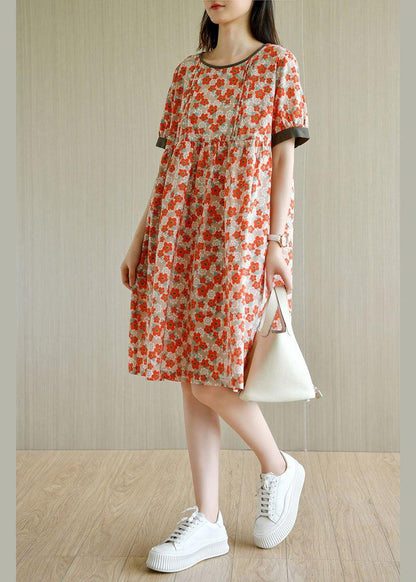 Red Loose O-neck Print Summer Cotton Sundress Short Sleeve