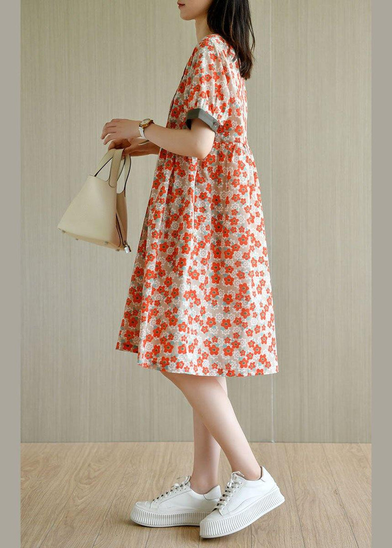 Red Loose O-neck Print Summer Cotton Sundress Short Sleeve
