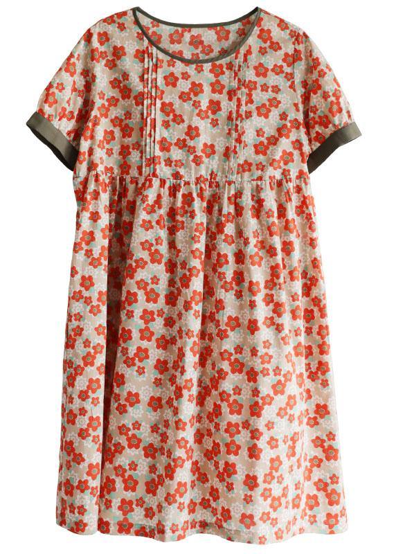 Red Loose O-neck Print Summer Cotton Sundress Short Sleeve